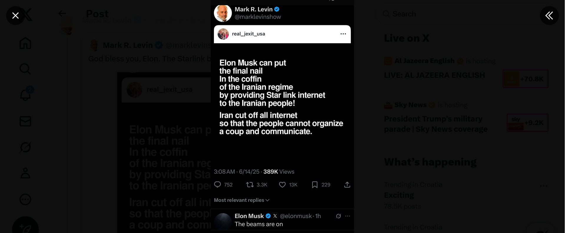 Musk: Uključio sam Starlink u Iranu da imaju internet